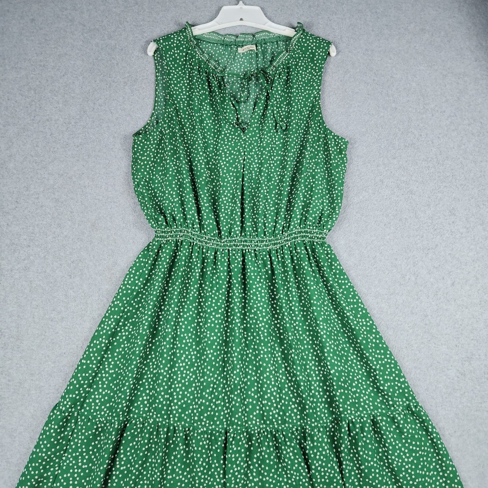 Max Studio Tiered Fit & Flare Dress Womens XL Green Polka Dot Split Neck Tie